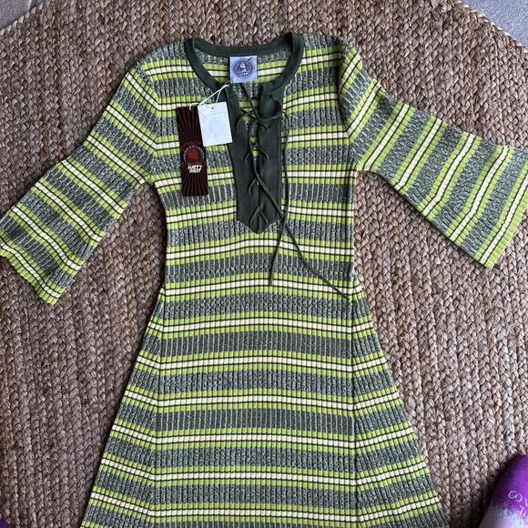 Happy Sheep Anthropologie green striped cotton midi dress boho size M NWT - Picture 3 of 6